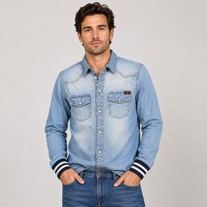 7 For All Mankind Denim Western Shirt Mens L Blue Pearl Snap Striped Cuff Cotton